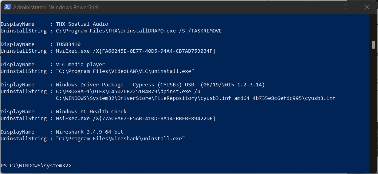 PowerShell output/result of the command