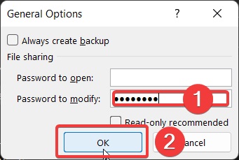 General Options Menu to set a modification password on Excel File