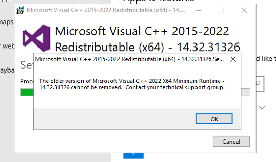 The older version of Microsoft Visual C++ cannot be removed. Contact your technical support group